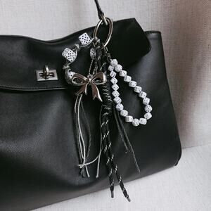 So Chic Bag Charm Keychain Dice Silver Bow Black Accents
